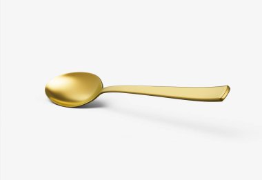 Yansıtıcı yüzeyi, ince sapı ve oval kasesi olan parlak altın bir kaşık. 3B Görüntü.