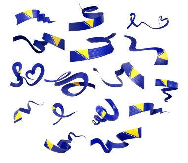 Bosna 'nın Farklı Tarzları Stili Soyut Kurdelesi Beyaz Arkaplanda Bayraklar 3D Görüntü