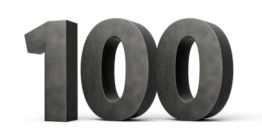 Beyaz arka planda izole edilmiş gri demirden yapılmış 100 numara 3 boyutlu görüntü.