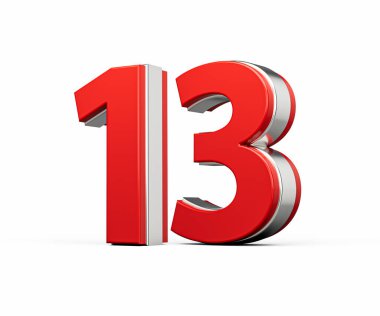 Kalın Kırmızı 13 numara Metalik Beyaz Arkaplanda 3 boyutlu Görüntü