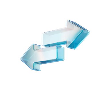 Şeffaf cam benzeri üç boyutlu çift yönlü oklar değiş tokuşu ve transferi simgeliyor. 3d illüstrasyon