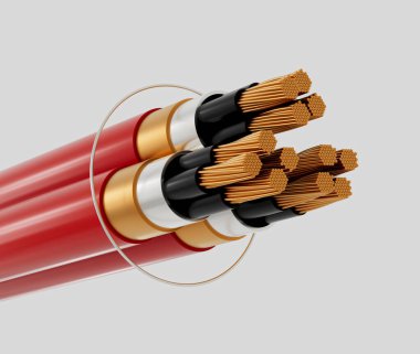 Bakır iplikli kırmızı elektrik kabloları, siyah yalıtım ve kırmızı kılıf. 3B Görüntü