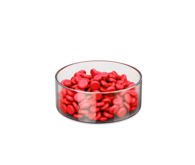 Pembe PVC Plastik Polimer Pelletler veya Boncuklar 3d İllüstrasyonla Dolu Şeffaf Cam Konteynır