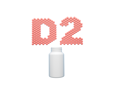Yuvarlak D2 vitamin tabletlerinden yapılmış D2 metin içeren 3d Boş İlaç Şişesi 3d Görüntü