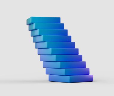 Mavi dikdörtgen bloklar yığını. Eğik bir kule etkisi yaratmak için hafif dengeli. 3B Görüntü