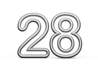 28 numara. Gümüş Metalik Beyaz Arkaplan 3D Görüntü