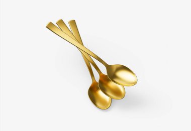 Pürüzsüz kıvrımları ve düz sapı olan üç altın kaşık yemek için mükemmel. 3d illüstrasyon