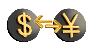 3d Altın Dolar ve Yen Sembolü Para Takas Oklarıyla Yuvarlak Siyah Simgeler, 3d illüstrasyon
