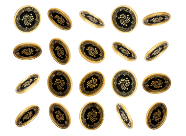 3D Düşen Altın ve Siyah Kripto Para Birimi IOTA Yuvarlak Sikkeler 3D İllüstrasyon