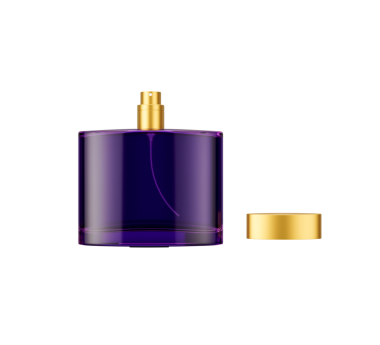 Açık Mor Kristal Cam Parfüm Şişesi Parlayan Altın Şapka 3 boyutlu Görüntü 'nün yanında duruyor