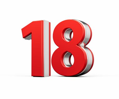 Kalın Kırmızı Numara 18 Metalik Beyaz Arkaplanda 3 boyutlu Görüntü