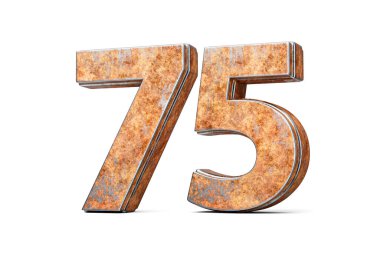 Yetmiş beş numara. Eski paslı demir metalden yapılmış 75 basamak. Beyaz arka plan 3 boyutlu görüntü.
