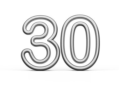 30 Numara: Gümüş Metalik Beyaz Arkaplan 3B Görüntü