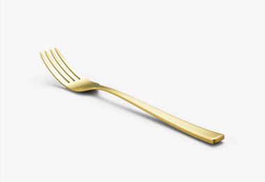 Parlak altın kaplama çatal, yansıtıcı bir kaplama ve hafif kıvrımlı bir sapı var. 3B Görüntü