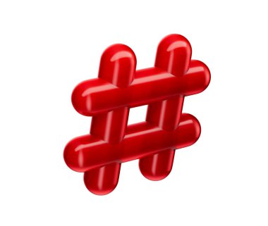 Sosyal medyayı ve çevrimiçi bağlantıyı temsil eden parıltılı bir kırmızı 3D hashtag sembolü. 3B Görüntü