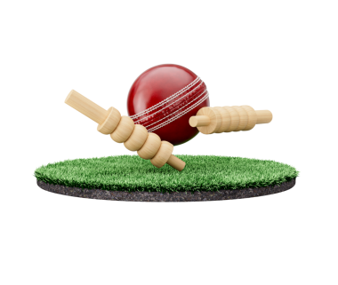 Kırmızı deri dikişli kriket topu. Çimenli zeminde iki tahta kepçe var. 3D görüntü.
