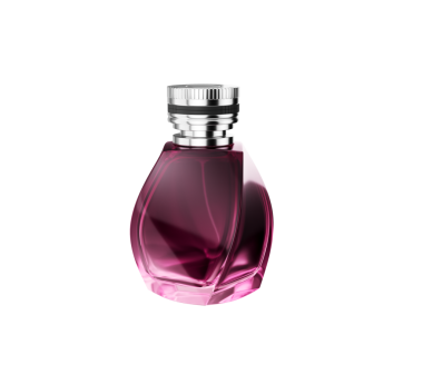 Şeffaf Pembe Cam Parfüm Şişe Parıltıları Parlak Işık Cilalı Gümüş Şapka 3D Görüntü