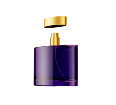 Bir Açık Mor Kristal Cam Parfüm Şişesi Parıldayan Altın Şapkalı 3D Görüntü