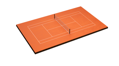 Tenis kortu Clay Top saha sahası üzerinde işaretler var. Kırmızı kil sahada oynayın, Tenis net 3d illüstrasyon