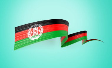 Afganistan 'ın 3d Bayrağı 3d Parlak Dalgalı Bayrak Kurdelesi Cyan Arka plan 3d Görüntü İzole Edildi