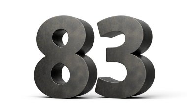 Seksen üç numara. Gri yapraktan yapılmış 83 basamak. Beyaz arka planda izole edilmiş demir döküm.