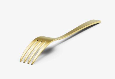 Parlak altın kaplama çatal, yansıtıcı bir kaplama ve hafif kıvrımlı bir sapı var. 3B Görüntü