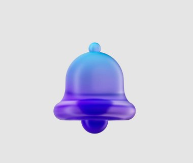 Mavi ve mor tonlarda 3D çan simgesi, uyarıları, uyarıları veya hatırlatıcıları sembolize ediyor. 3d illüstrasyon