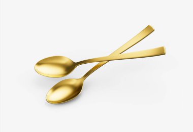 İnce saplı iki altın kaşık ve oval kase, zarif bir şekilde çaprazlanmış 3D çizim.