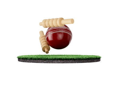 Kırmızı deri dikişli kriket topu. Çimenli zeminde iki tahta kepçe var. 3D görüntü.