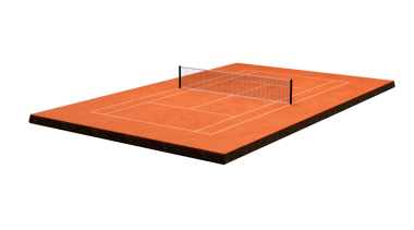 Tenis kortu Clay Top saha sahası üzerinde işaretler var. Kırmızı kil sahada oynayın, Tenis net 3d illüstrasyon