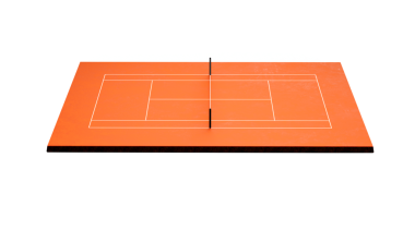 Tenis kortu Clay Top saha sahası üzerinde işaretler var. Kırmızı kil sahada oynayın, Tenis net 3d illüstrasyon