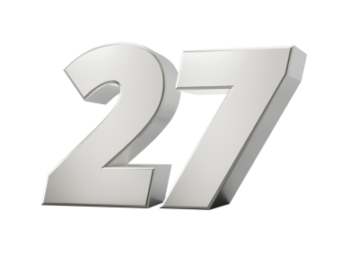 Silver 3d numbers 27 Twenty seven. Isolated white background 3d illustration