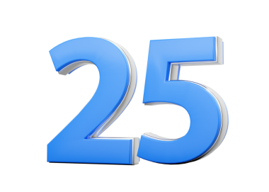 3D numara 25. Mavi gövdeden yapılmış 25. Gümüş rengi dış hatları olan 25.