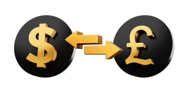 3d Altın Dolar ve Pound Sembolü Para Takas Oklarıyla Yuvarlak Siyah Simgelerin Üzerinde, 3d illüstrasyon