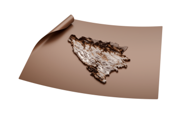 Bosna-Hersek 'in Eski Tarzlı Kahverengi Haritası Açılmamış Harita Kağıt Çarşafı, 3 boyutlu illüstrasyon