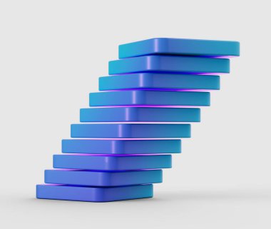 Mavi dikdörtgen bloklar yığını. Eğik bir kule etkisi yaratmak için hafif dengeli. 3B Görüntü