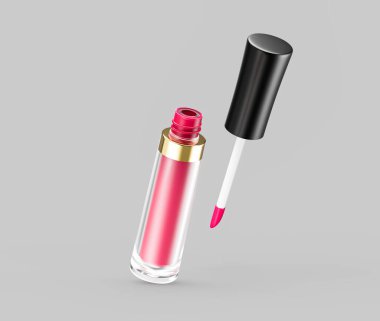 Pembe parlak dudak parlatıcısından açık bir tüp şeffaf bir vücut ve altın bir bant, 3D Illustration