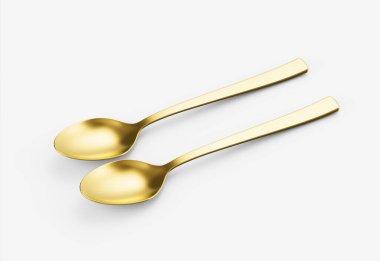 Pürüzsüz kıvrımları ve düz sapı olan iki altın kaşık yemek için mükemmel. 3d illüstrasyon