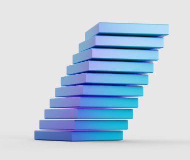 Mavi dikdörtgen bloklar yığını. Eğik bir kule etkisi yaratmak için hafif dengeli. 3B Görüntü