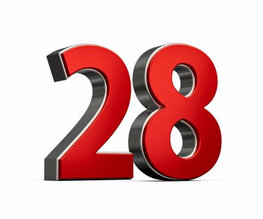 Kalın Kırmızı 28 numara Parlak Metalik Beyaz Arkaplan 3D Görüntü