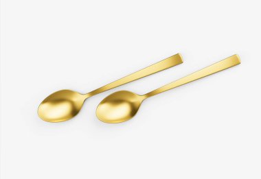 Pürüzsüz kıvrımları ve düz sapı olan iki altın kaşık yemek için mükemmel. 3d illüstrasyon