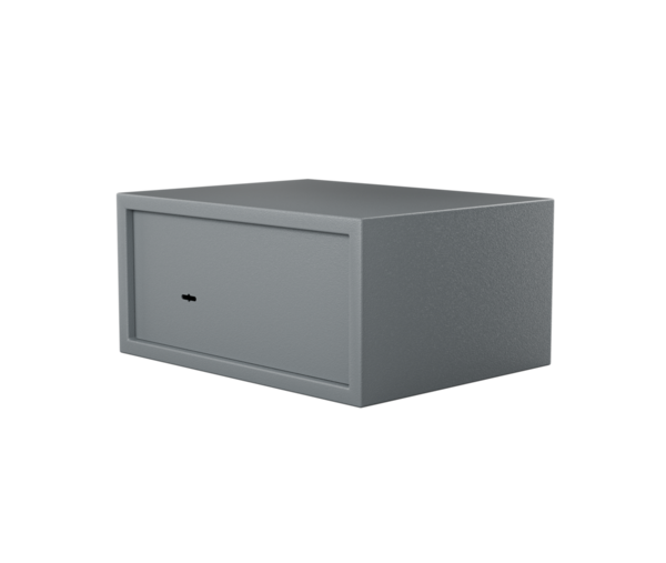 Gri 3 boyutlu resimdeki güvenli depolama için gri kapaklı çelik kasa dolabı.