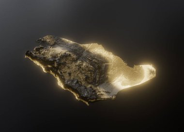 Suudi Arabistan Haritası Altın Metalik Doku Haritası Altın Rezervleri ve Altın Madencilik Konsepsiyonu 3B İllüstrasyon