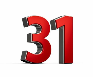 Kalın Kırmızı 31. numara Parlak Metalik Beyaz Arkaplan 3D Görüntü ile 31 numara