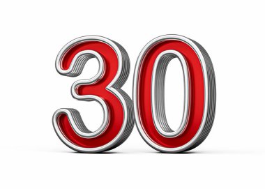 30 numaralı canlı kırmızı metal parıltılı ve kıvrımlı kenar, 3 boyutlu görüntü.