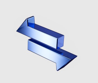 Değişimi ve transferi sembolize eden üç boyutlu parlak metalik mavi ok simgesi. 3d illüstrasyon