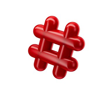 Sosyal medyayı ve çevrimiçi bağlantıyı temsil eden parıltılı bir kırmızı 3D hashtag sembolü. 3B Görüntü