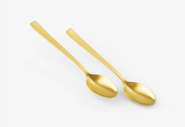 Pürüzsüz kıvrımları ve düz sapı olan iki altın kaşık yemek için mükemmel. 3d illüstrasyon
