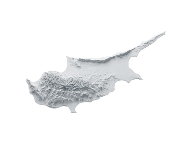 Kıbrıs Rum Kesimi Gri ve Beyaz Gölgeli Rahatlama Haritası Beyaz Arkaplan 3B Görüntü Haritası