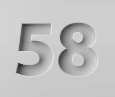 Parlak beyaz 58 numara, gölgeyle süslenmiş, arka planda 3 boyutlu görüntü.